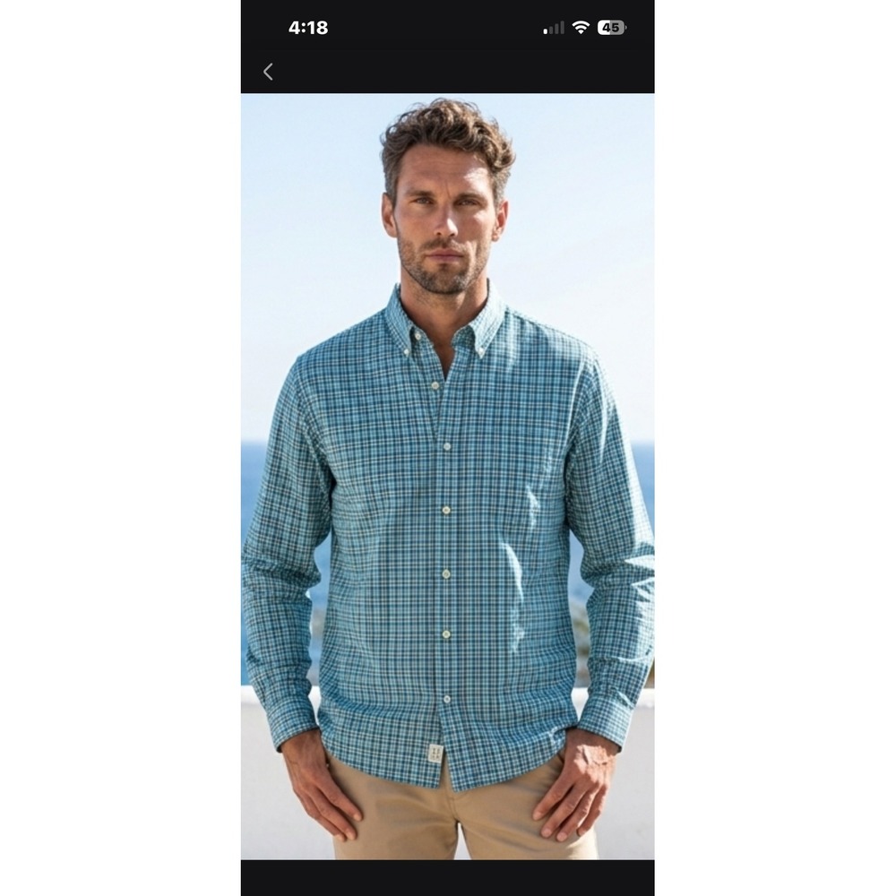 LL Bean Mens Traditional Fit Plaid Button Down Shirt Teal Blue 100% Cotton L-REG
